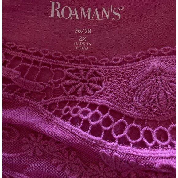 Roaman's 26/28 Pink Scoop Neck Lace Bib Sheer Mesh Scallop Hem Long Sleeve Top - Picture 6 of 6